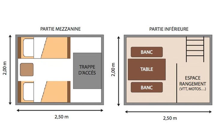 Bedroom upstairs and table with benches below